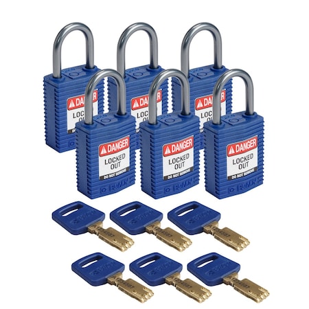 Brady Compact SafeKey Key Retaining Nylon Padlock 1 in Aluminum Shackle KD Blue 6PK CPT-BLU-25AL-KD6PK